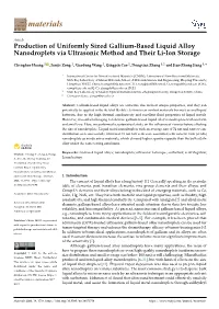 Production of Uniformly Sized Gallium-Based Liquid Alloy Nanodroplets Via Ultrasonic Method and Their Li-Ion Storage