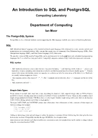 An Introduction to SQL and Postgresql Computing Laboratory