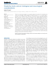 Creativity, Brain, and Art: Biological and Neurological Considerations