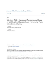 Effects of Bridge Design on Placement and Shape of Cliff Swallow (Petrochelidon Pyrrhonota) Nests in Southern Arkansas