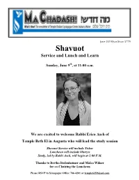 Shavuot Service and Lunch and Learn