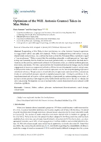 Optimism of the Will. Antonio Gramsci Takes in Max Weber