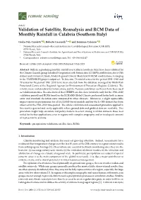 Validation of Satellite, Reanalysis and RCM Data of Monthly Rainfall in Calabria (Southern Italy)