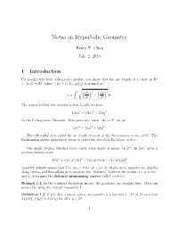Notes on Hyperbolic Geometry