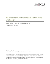 MLA Statement on the Scholarly Edition in the Digital Age