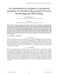 An Experimental Investigation of Mechanical Properties of Al 6106 T6 Alloy Joined by Friction Stir Welding and TIG Welding