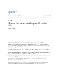Clemson Commencement Program, December 2006 Clemson University