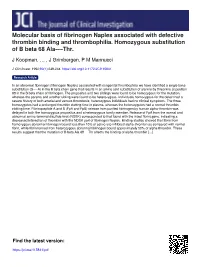 Molecular Basis of Fibrinogen Naples Associated with Defective Thrombin Binding and Thrombophilia