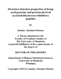 Structure-Function Properties of Hemp Seed Proteins and Protein-Derived Acetylcholinesterase-Inhibitory Peptides
