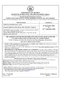 Notification for Dates of Online Admission For