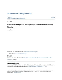 Paul Celan in English: a Bibliography of Primary and Secondary Literature