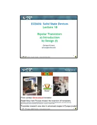 ECE606: Solid State Devices Lecture 18 Bipolar Transistors A