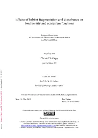 Effects of Habitat Fragmentation and Disturbance on Biodiversity and Ecosystem Functions