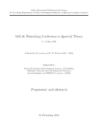 10Th St. Petersburg Conference in Spectral Theory Programme And