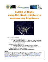 GLOBE at Night: Using Sky Quality Meters to Measure Sky Brightness