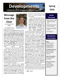 Developments Spring a Newsletter of the Developmental Psychology Area 2016
