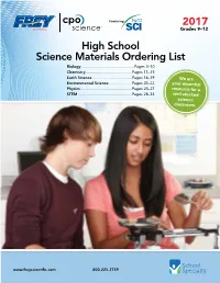 High School Science Materials Ordering List 2017