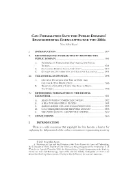 CAN FORMALITIES SAVE the PUBLIC DOMAIN? RECONSIDERING FORMALITIES for the 2010S Niva Elkin-Koren†