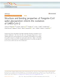 Structure and Binding Properties of Pangolin-Cov Spike Glycoprotein Inform the Evolution of SARS-Cov-2 ✉ ✉ Antoni G