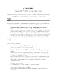 Ceri Hand Selected Programme 2002 – 2020