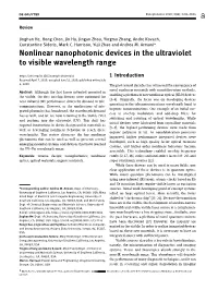 Nonlinear Nanophotonic Devices in the Ultraviolet to Visible Wavelength