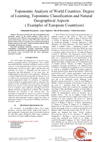 Toponomic Analysis of World Countries: Degree of Learning, Toponimic Classification and Natural Geographical Aspects ( Examples of European Countriyes)