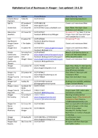 Alphabetical List of Businesses in Alsager – Last Updated: 19.6.20