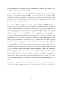 This Announcement Is for Information Purposes Only and Does Not Constitute an Invitation Or Offer to Acquire, Purchase Or Subscribe for Securities