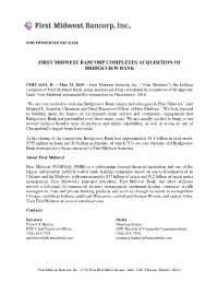 First Midwest Bancorp Completes Acquisition of Bridgeview Bank