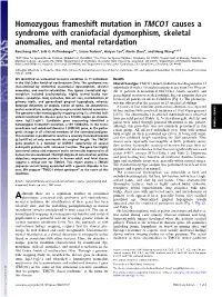 Homozygous Frameshift Mutation in TMCO1 Causes a Syndrome with Craniofacial Dysmorphism, Skeletal Anomalies, and Mental Retardation