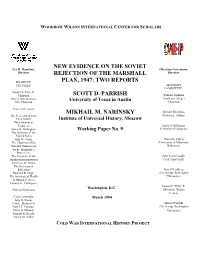 New Evidence on the Soviet Rejection of the Marshall Plan, 1947: Two Reports”