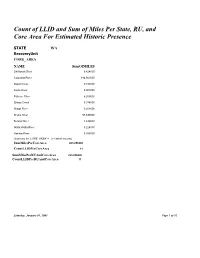 Count of LLID and Sum of Miles Per State, RU, and Core Area for Estimated Historic Presence