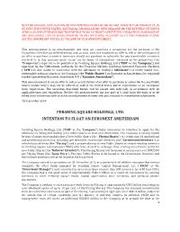 Pershing Square Holdings, Ltd. Intention to Float on Euronext Amsterdam