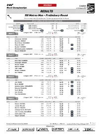 RESULTS 100 Metres Men - Preliminary Round First 3 in Each Heat (Q) and the Next 2 Fastest (Q) Advance to the 1St Round RESULT CORRECTED for ATHLETE BURKE (BUR)