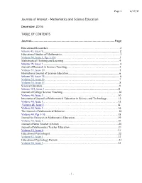 Journals of Interest - Mathematics and Science Education