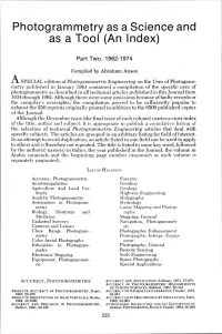 Photogrammetry As a Science and As a Tool (An Index)