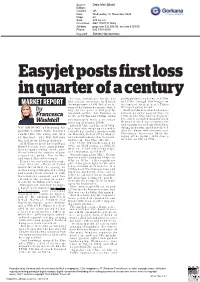 Easyjet Posts First Loss in Quarter of a Century - 1.9Pc, Or 16P, to 762.6P