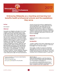 Embracing Wikipedia As a Teaching and Learning Tool Benefits Health Professional Schools and the Populations They Serve