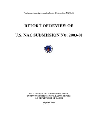 Report of Review of U.S. Nao Submission No. 2003-01