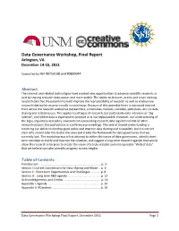 Data Governance Workshop, Final Report Arlington, VA December 14-15, 2011
