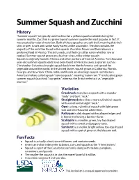 Summer Squash and Zucchini History “Summer Squash” Is Typically Used to Describe a Yellow Squash Available During the Summer Months