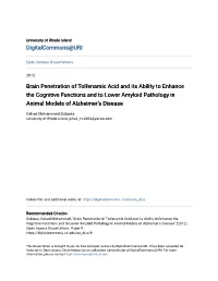 Brain Penetration of Tolfenamic Acid and Its Ability to Enhance the Cognitive Functions and to Lower Amyloid Pathology in Animal Models of Alzheimer's Disease