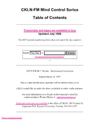 CKLN-FM Mind Control Series Table of Contents