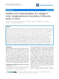 Isolation and Characterization of a Subtype C Avian Metapneumovirus