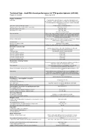 Technical Data – Audi RS 6 Avant Performance 4.0 TFSI Quattro Tiptronic (445 Kw) Program for Australia Status: April 2016