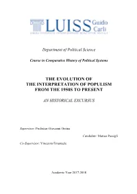 The Evolution of the Interpretation of Populism from the 1950S to Present