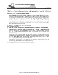 A Review of Nuclear Pumped Lasers and Applications (Asteroid Deflection)