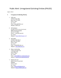 Public Alert: Unregistered Soliciting Entities (PAUSE)