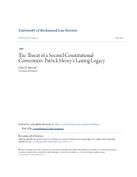 The Threat of a Second Constitutional Convention: Patrick Henry's Lasting Legacy Jeffery K