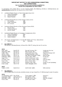 IMPORTANT NOTICE to CSIO ORGANISING COMMITTEES and COMPETITORS List of Athletes/Horses Automatically Qualified for Grand Prix Competitions at 2016 Csios